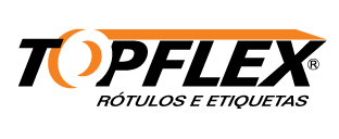 Logo preto e laranja referente a empresa Topflex - rótulos e etiquetas.